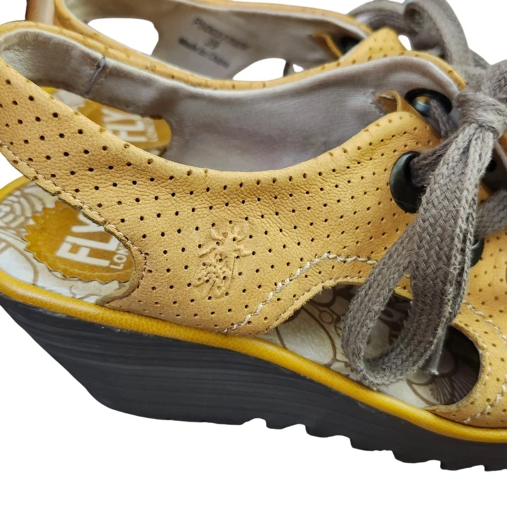 Fly London Yasi Mustard Yellow Perforated Leather Wedge Sandals Size 39